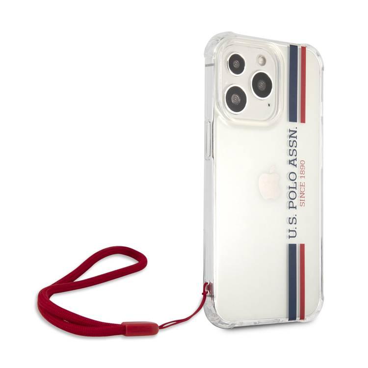 US Polo Assn USHCP13MKSTTR Stripes Logo Shiny Case with Anti-Lost Red Nylon Cord iPhone 13 Pro