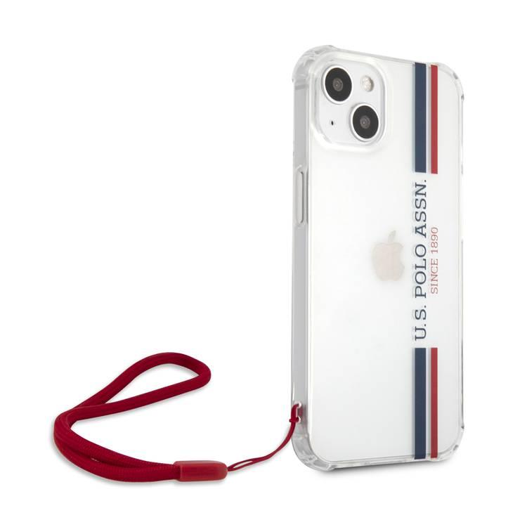 US Polo Assn USHCP13MKSTTR Stripes Logo Shiny Case with Anti-Lost Red Nylon Cord iPhone 13 / 14 / 15