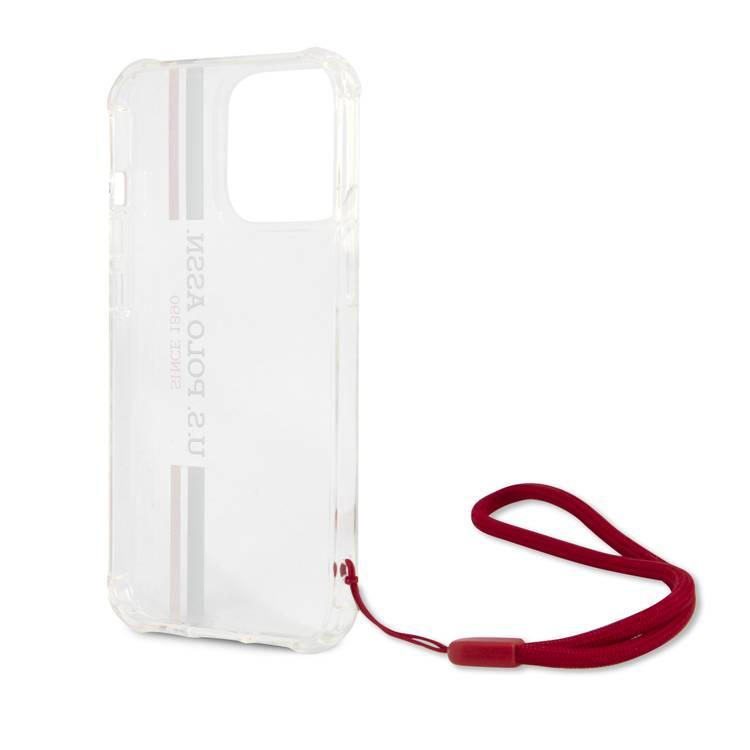 US Polo Assn USHCP13MKSTTR Stripes Logo Shiny Case with Anti-Lost Red Nylon Cord iPhone 13 Pro