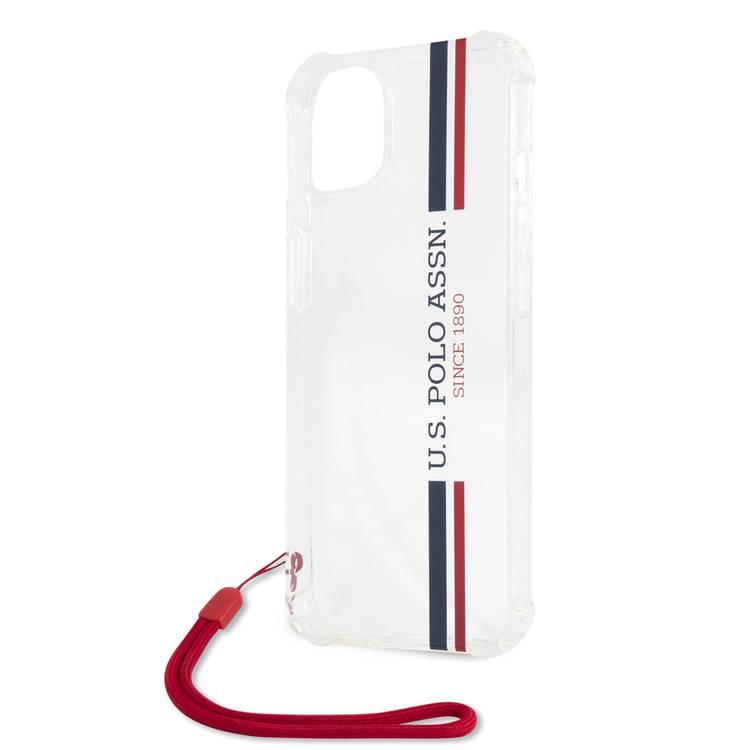 US Polo Assn USHCP13MKSTTR Stripes Logo Shiny Case with Anti-Lost Red Nylon Cord iPhone 13 / 14 / 15