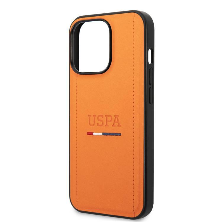 USPA PU USHCP14LPINO Leather Case with Tricolor Stitches & Initials Full Protection iPhone 14 Pro Compatibility - Orange